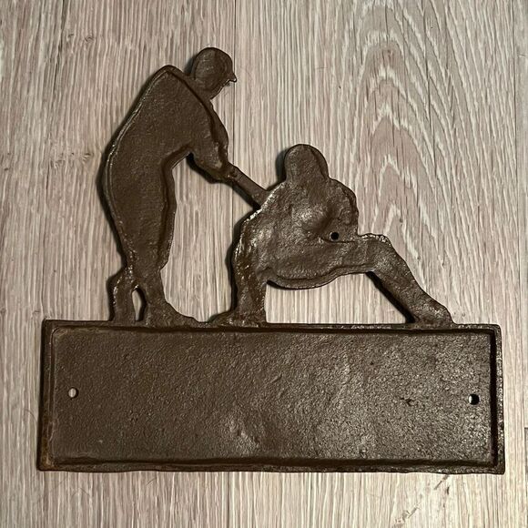 Baseball Black/Brown Cast Iron “PLAY BALL” Catcher Hitter 9” Wall Hanging Plaque - Picture 4 of 6